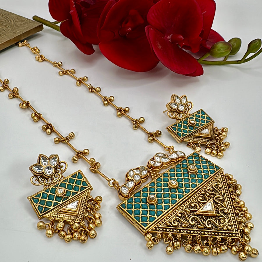 Turquoise Jadau Apala Inspired Antique Gold Ghungroo Long Necklace Set