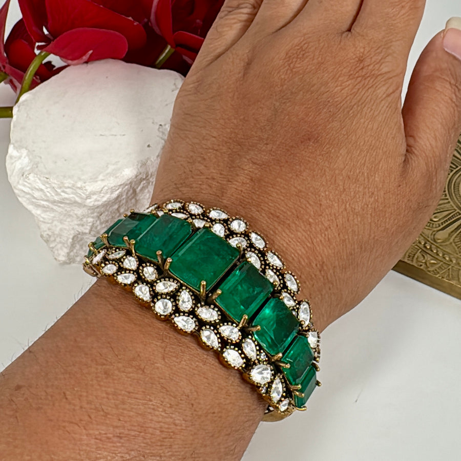 Green Doublet & Moissanite Openable Bangle (Fits Size 2.2-2.6)