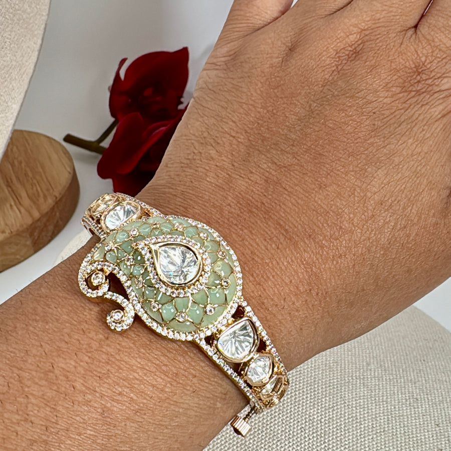 Mint Jadau Mango Moissanite Openable Bangle(Fits Size 2.2 to 2.4)