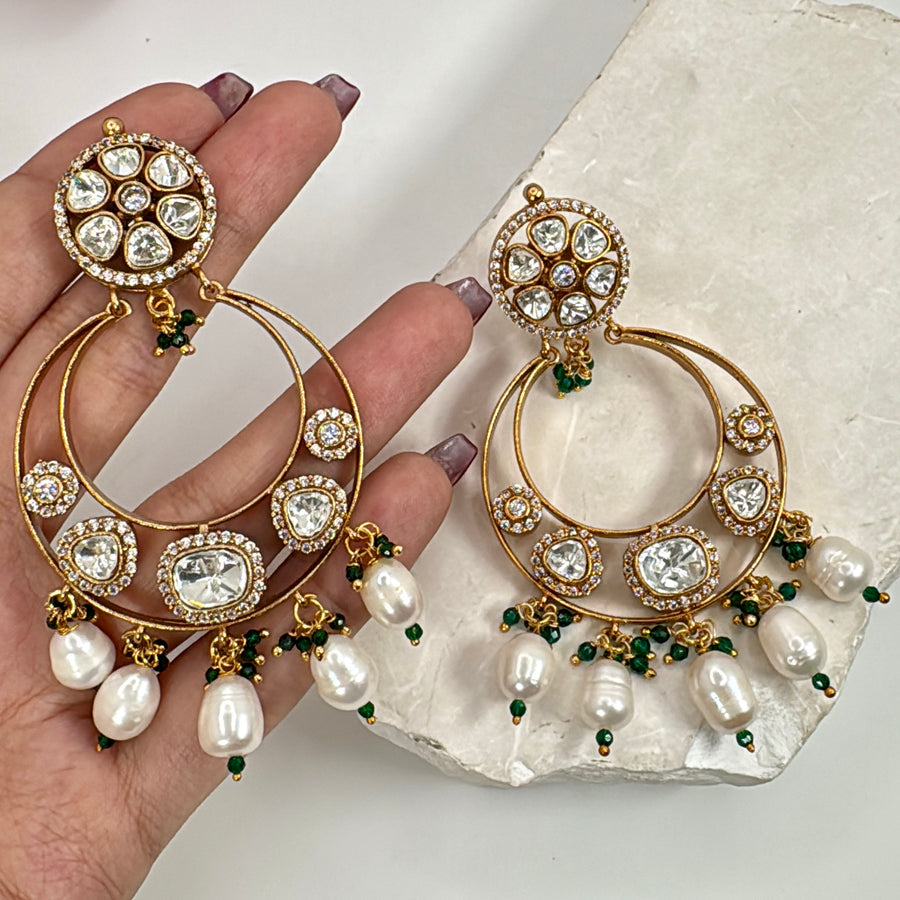 Clear Lightweight Moissanite Kundan Chand Bali Earrings
