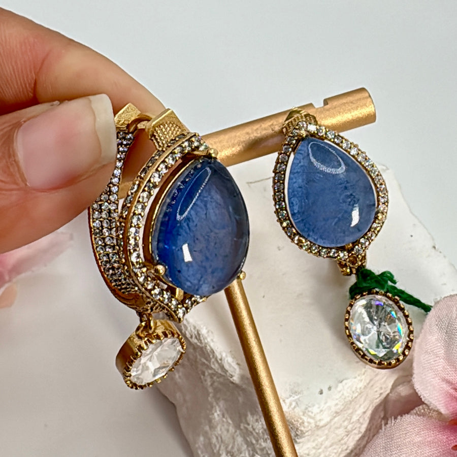 Blue Doublet Moissanite Kundan Hoop Earrings