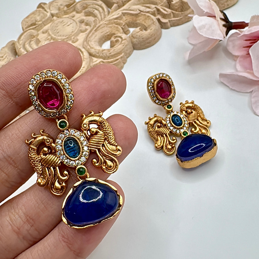 Blue & Ruby Antique Gold Doublet Earrings