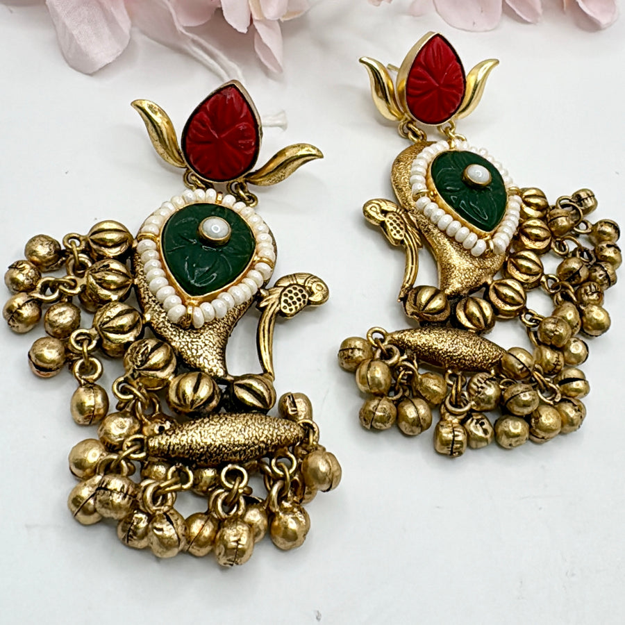 Red & Green Antique Gold Silver Lookalike Earrings