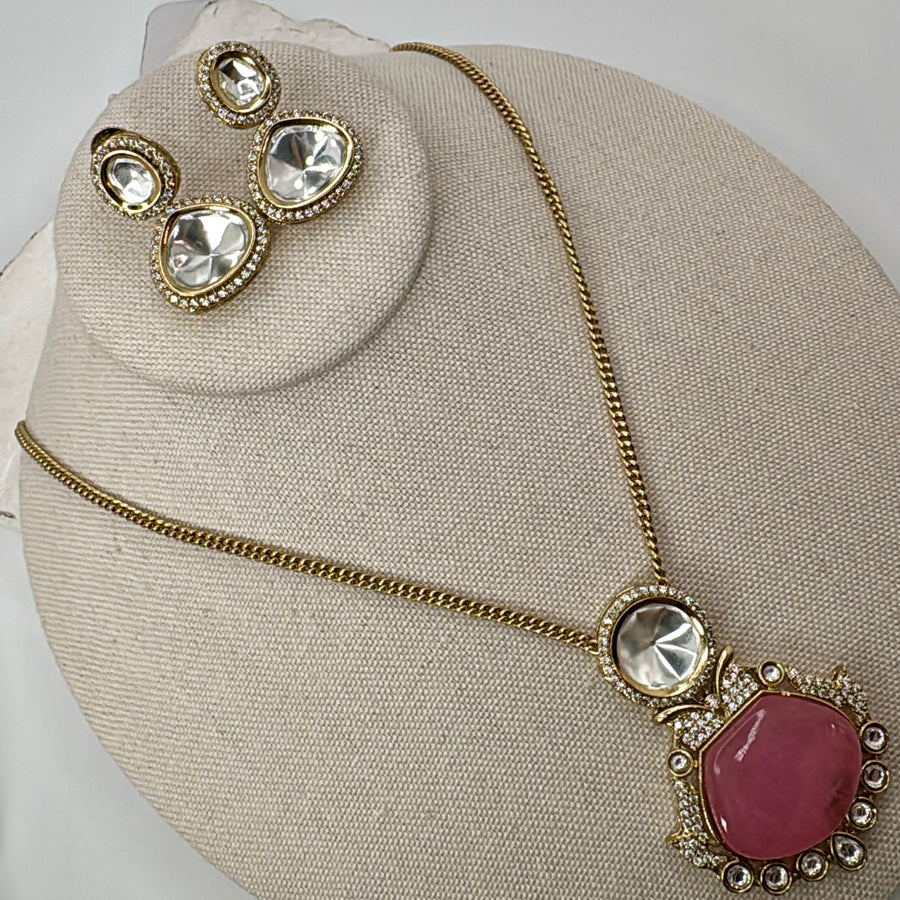 Hot Pink Doublet Moissanite Pendant Necklace Set