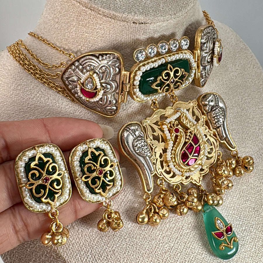Green Dual Tone Silver Lookalike Choker Set With Paachi Motifs & Inlay Work