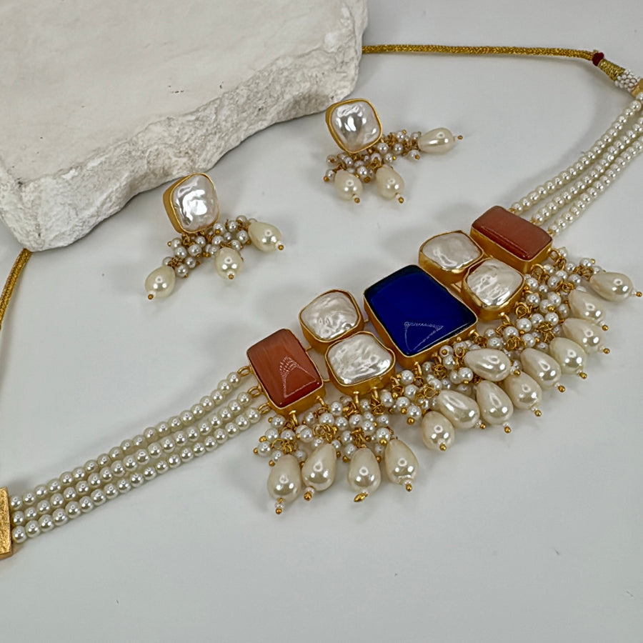 Multi Natural Stones & Baruq Pearls Choker Necklace Set