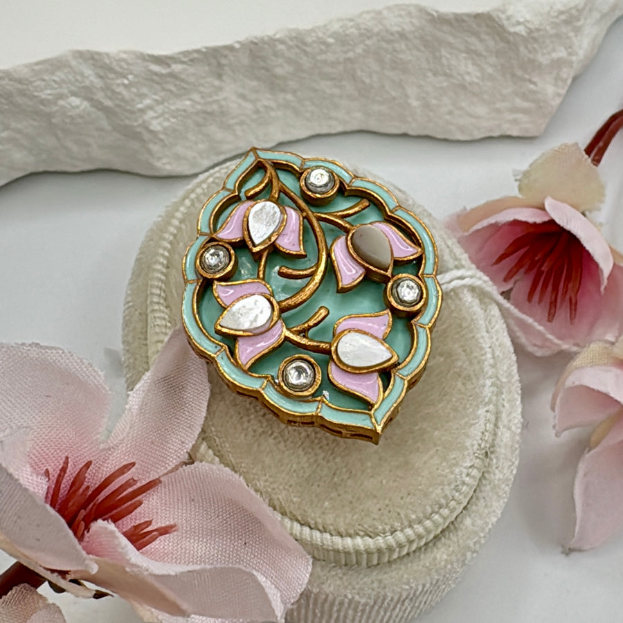 Mint Meenakari Moissanite Adjustable Finger ring