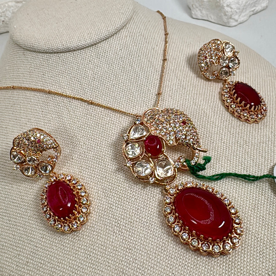 Ruby Red Doublet Moissanite Elephant Pendant Necklace Set