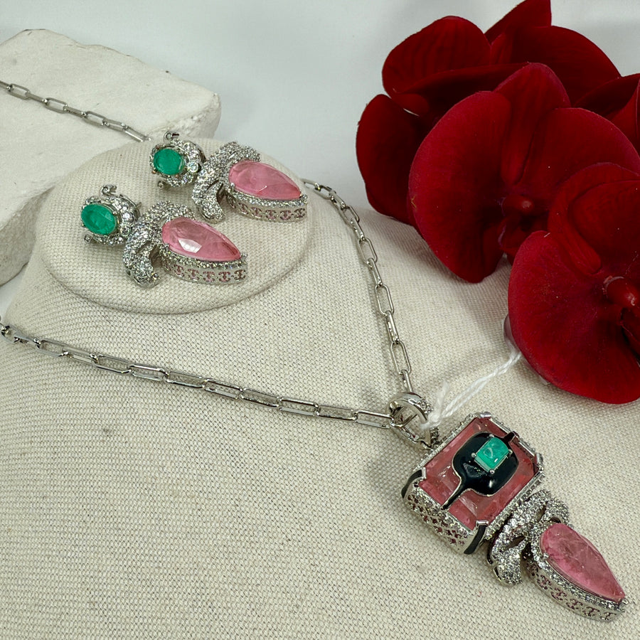 Pink Mint Doublet Enamel Cubic Zirconia Pendant Necklace Set