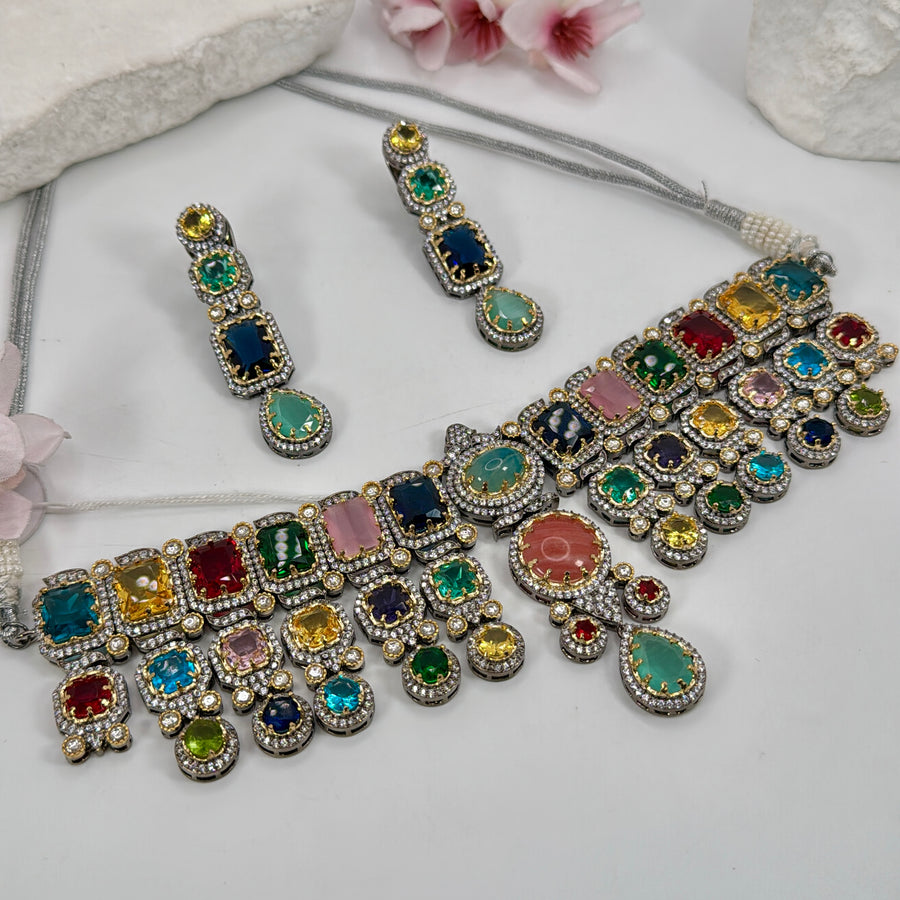 Multi Stones Sabya Inspired Statement Choker Necklace Set