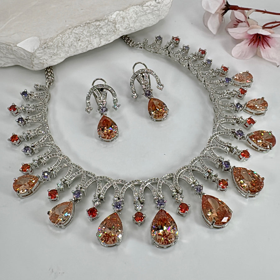 Champagne Multi Cubic Zirconia Celebrity Inspired Necklace Set