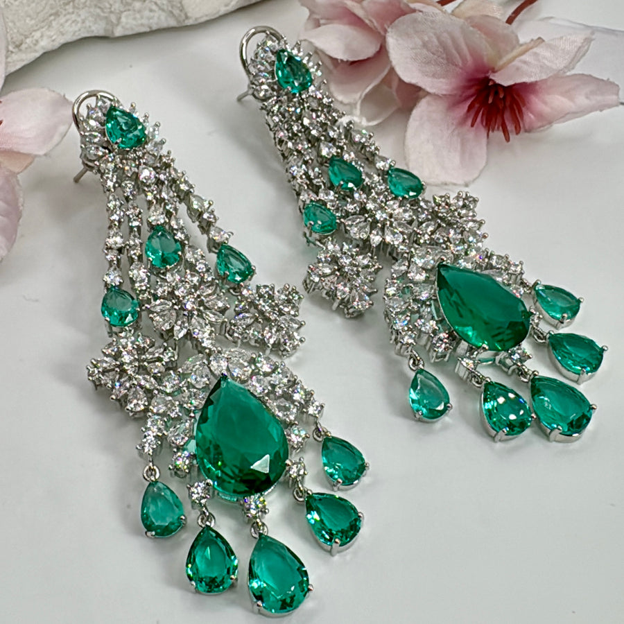 Teal American Diamonds CZs Statement Cocktail Earrings