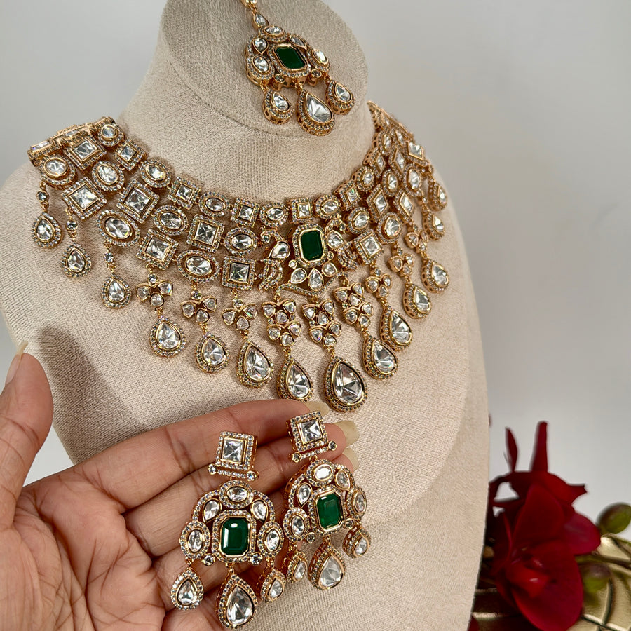 Green Polki Kundan Statement Bridal Necklace Set