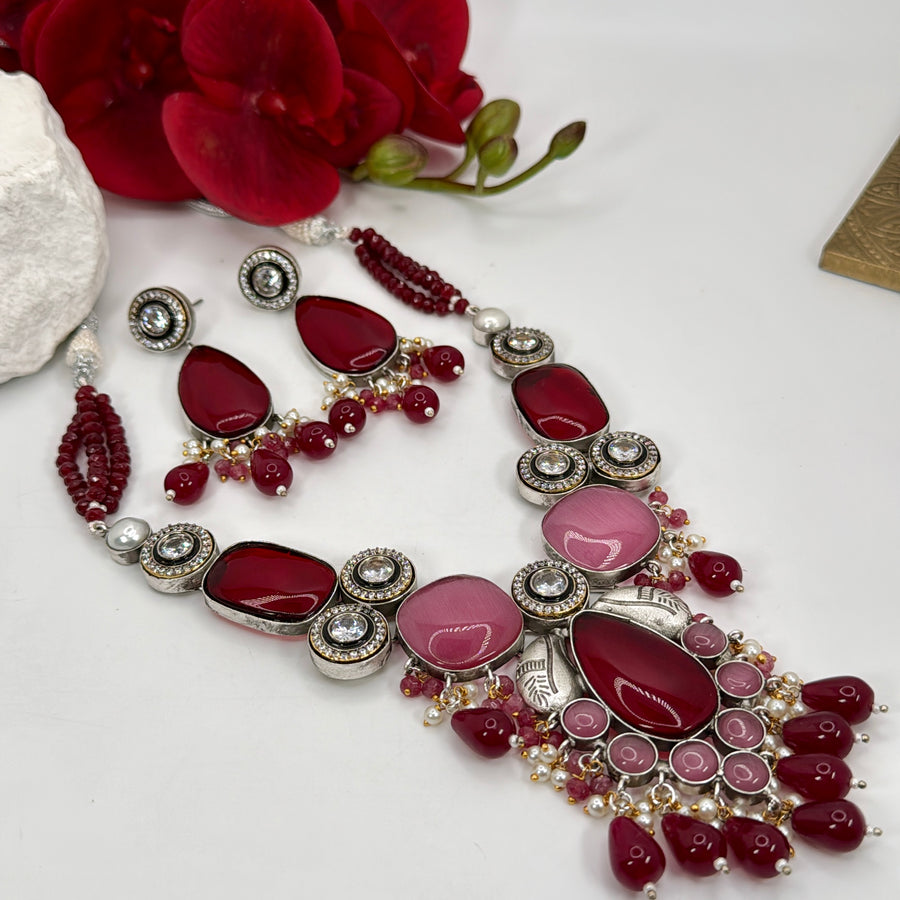 Ruby Pink Contemporary Kundan Fusion Necklace Set