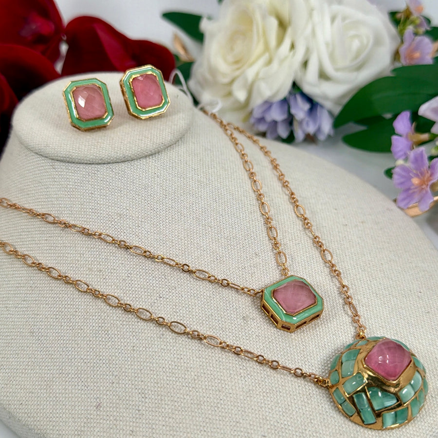 Pink Mint Jadau Two Layer Pendant Necklace Set