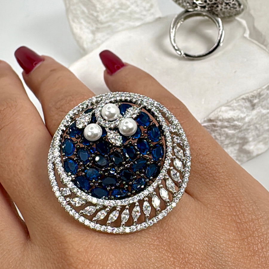 Blue Pave Setting American Diamonds Cubic Zirconia Pearls Round Adjustable Finger Ring