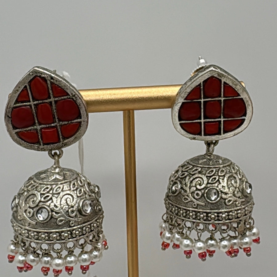 Red Silver Lookalike Dainty Jhumka