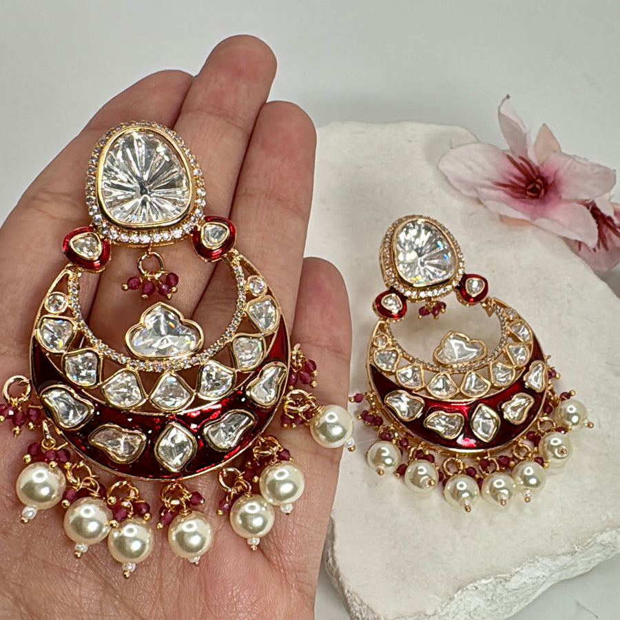 Ruby Moissanite Kundan Jadau Chand Bali Earrings