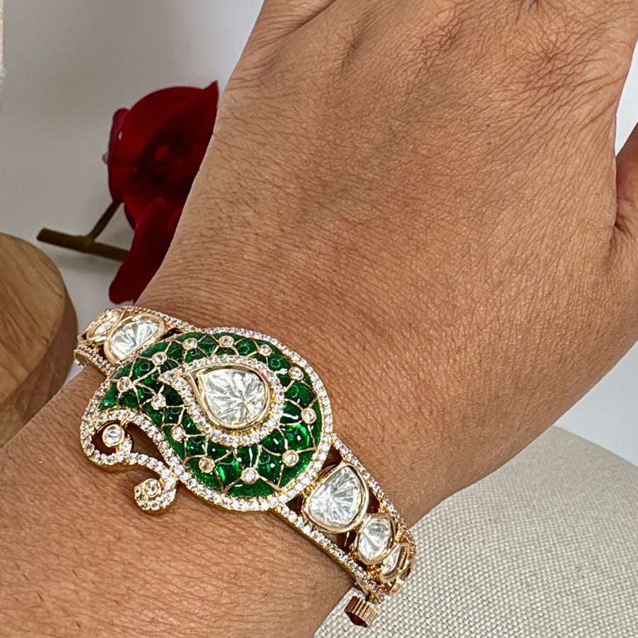 Green Jadau Mango Moissanite Openable Bangle(Fits Size 2.2 to 2.4)