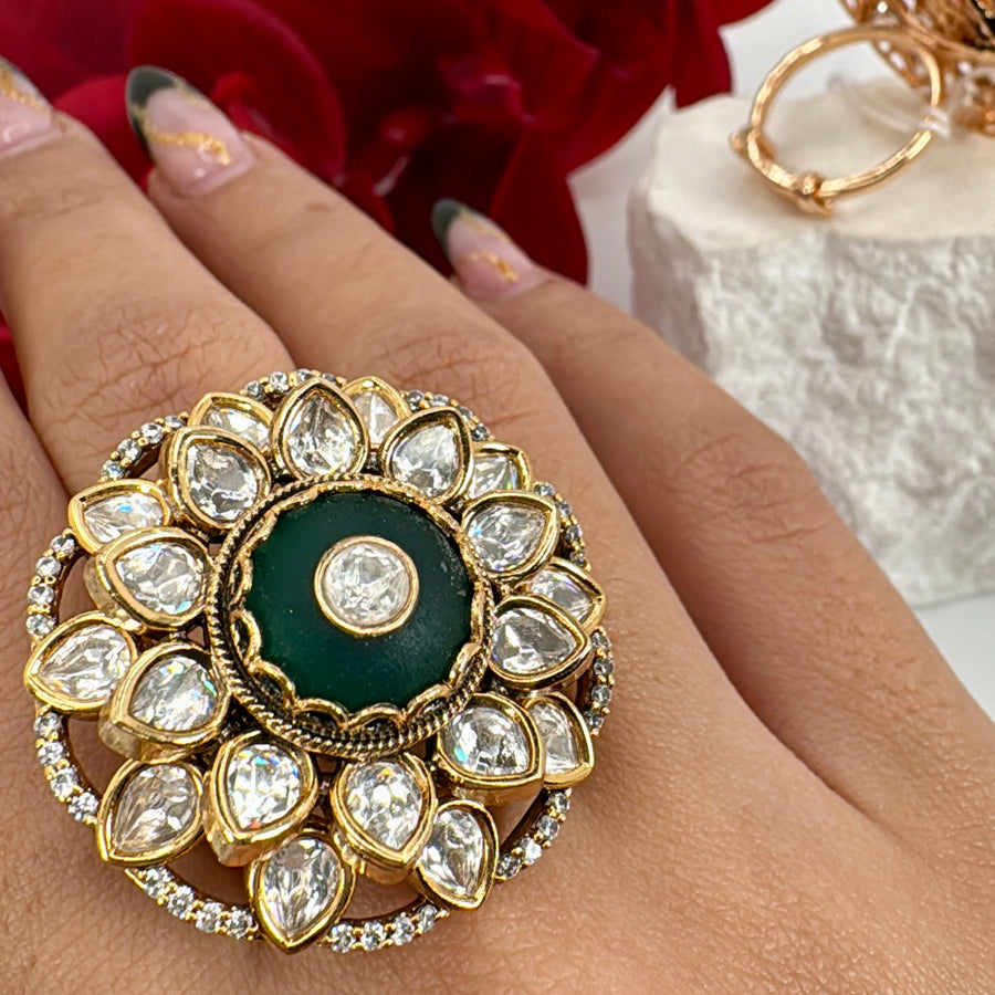 Green Polki Kundan Adjustable Statement Finger Ring