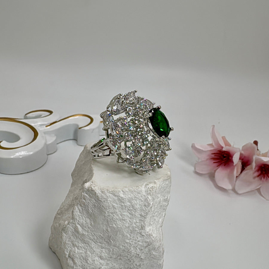 Green American Diamonds CZ Adjustable Cocktail Finger Ring