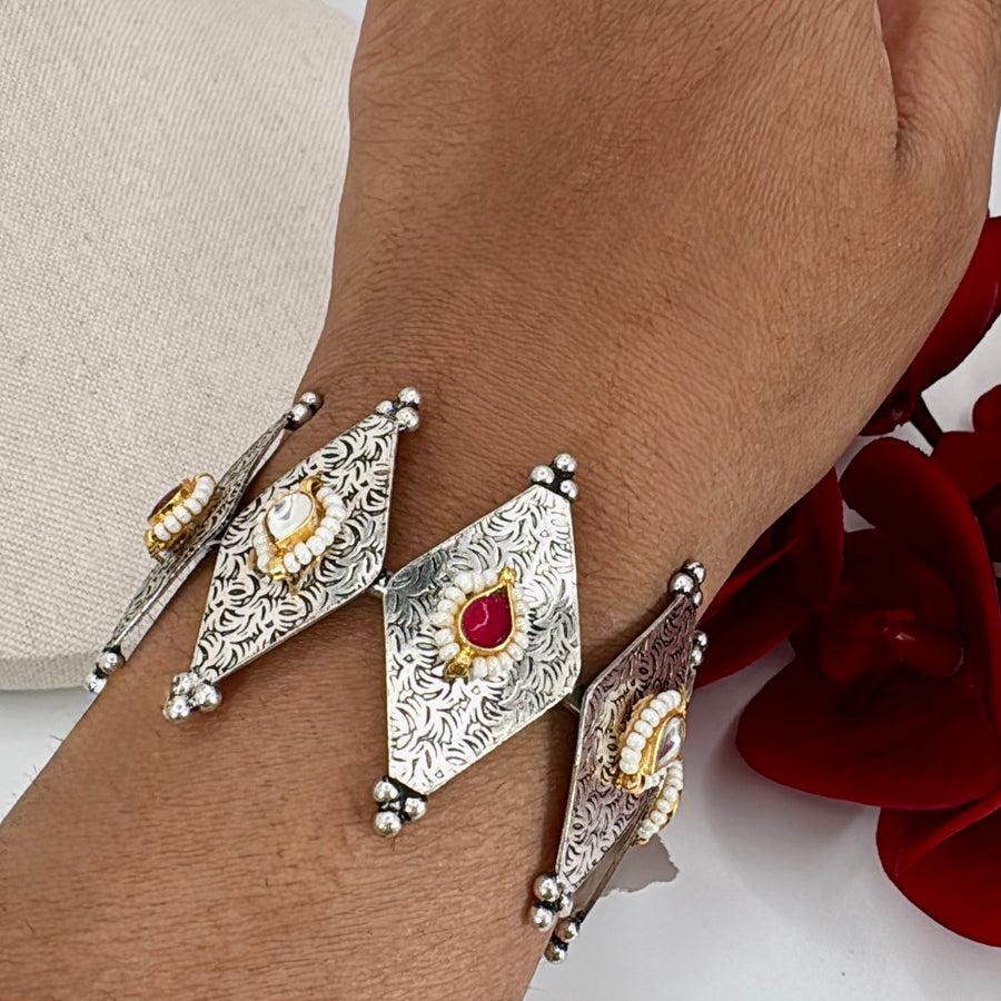 Ruby Silver Lookalike Cuff Bangle With Paachi Motifs