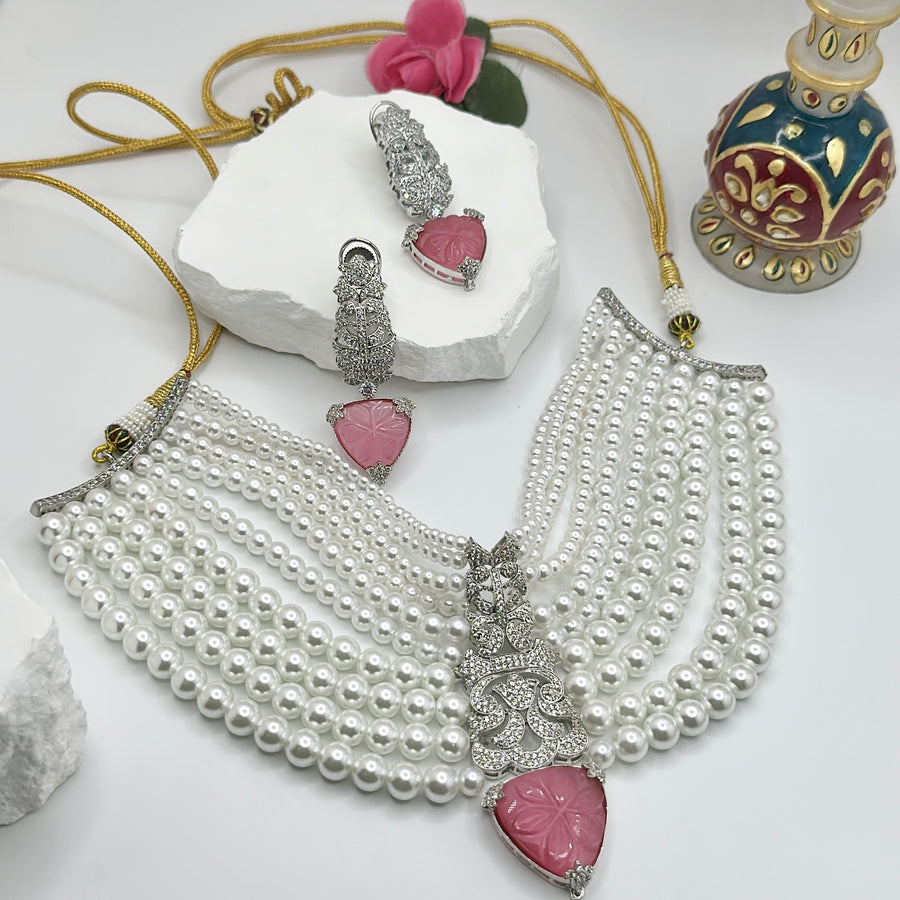Pink Pearls & American Diamonds Statement Set