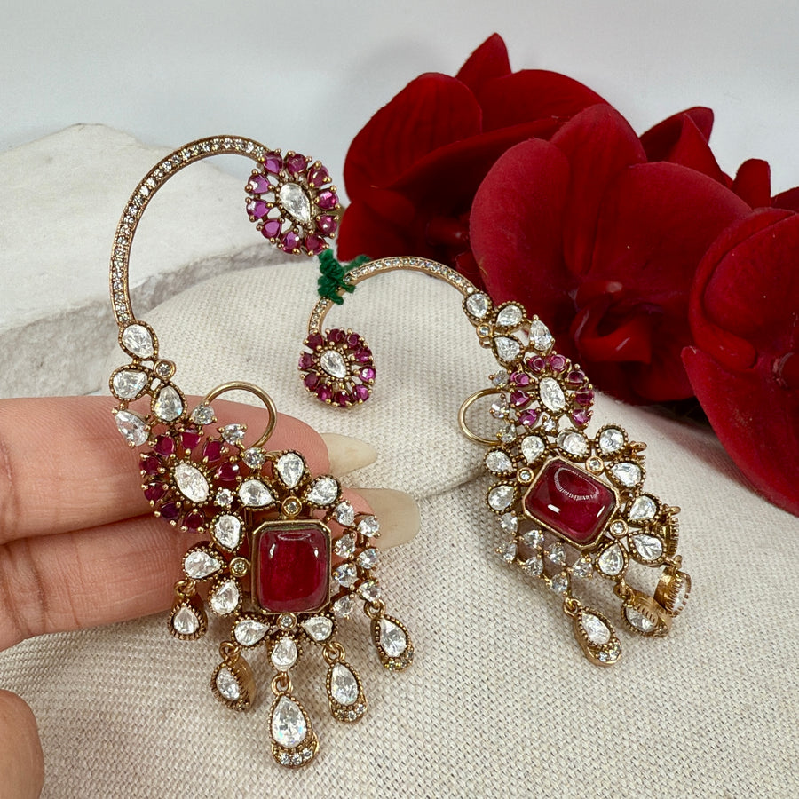 Ruby Moissanite Ear Cuff Earrings