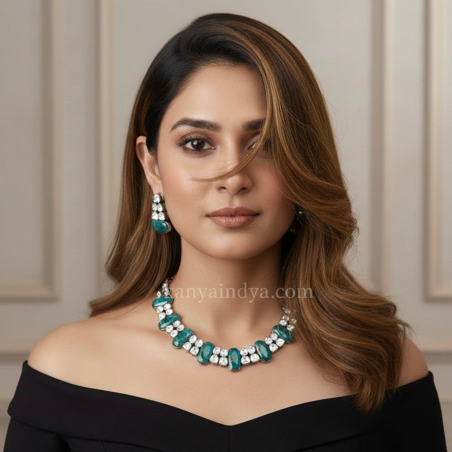 Turquoise Marble Doublet & Moissanite Victorian Polish Necklace Set