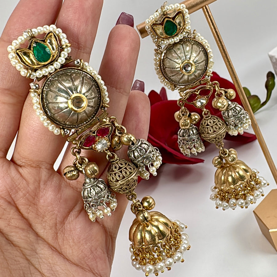 Green Silver Lookalike Dual Tone Earrings With Paachi Motifs ( Approx. Length 3.5 Inches)