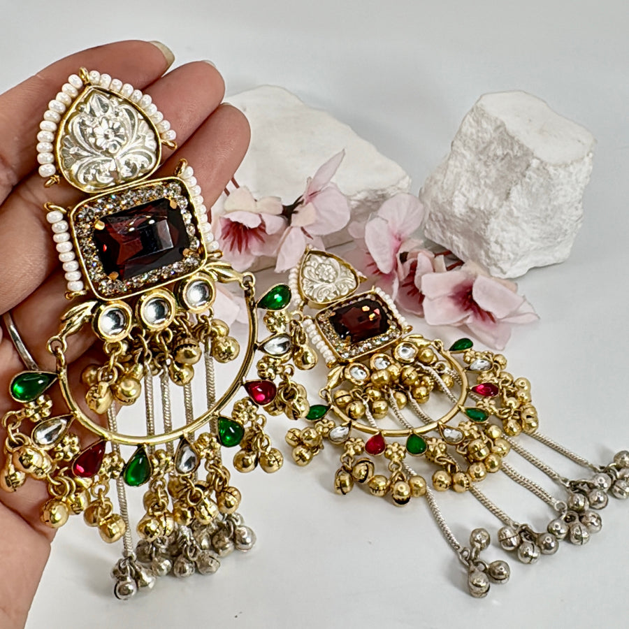 Ruby Wine Swarovski Crystals Silver Look Alike Dual Tone Ghungroo Chand Bali Statement Earrings