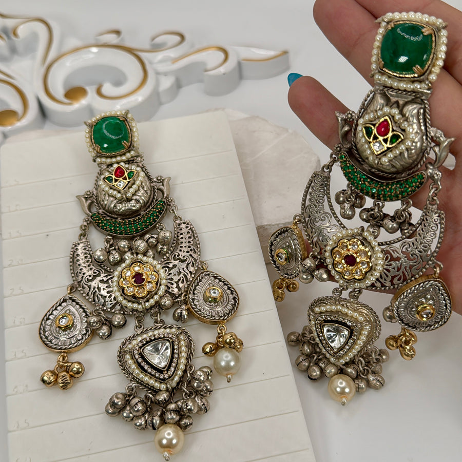 Green Silver Lookalike Dual Tone Statement Earrings