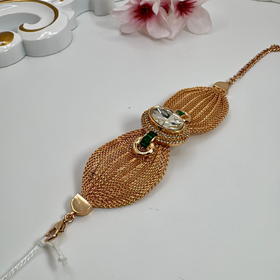Green Moissanite Kundan Gold Mesh Adjustable Bracelet
