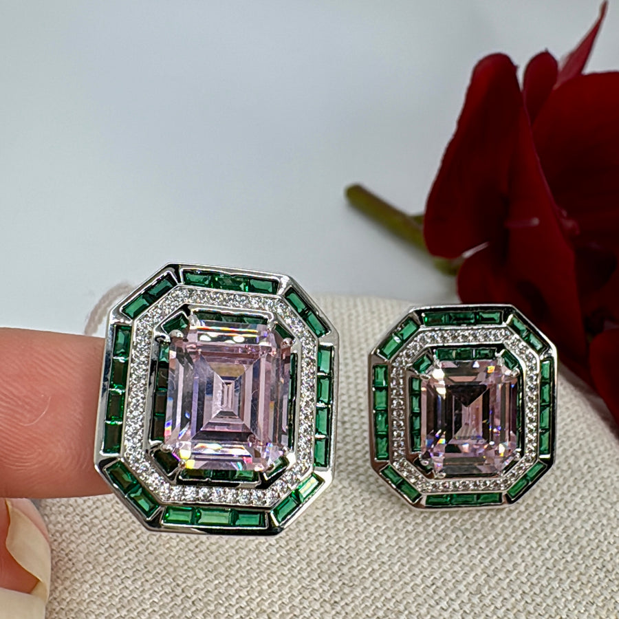 Pink & Green Italian Cubic Zirconia Stud Earrings