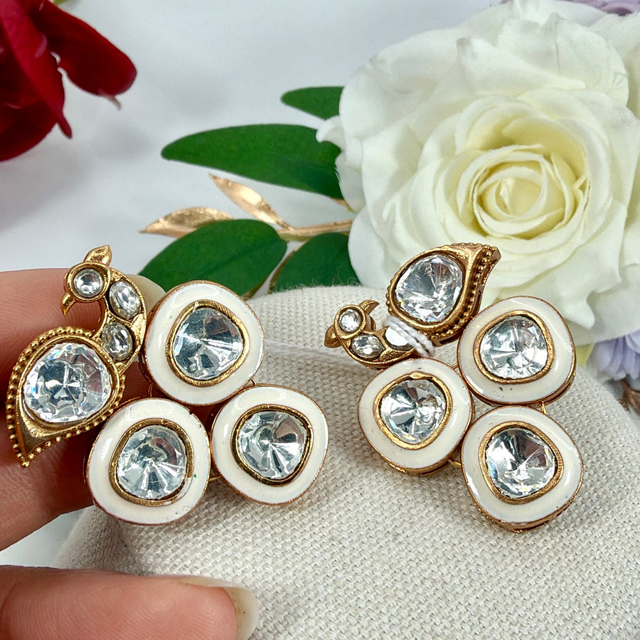 White Meenakari Enamel Moissanite Peacock Stud Earrings