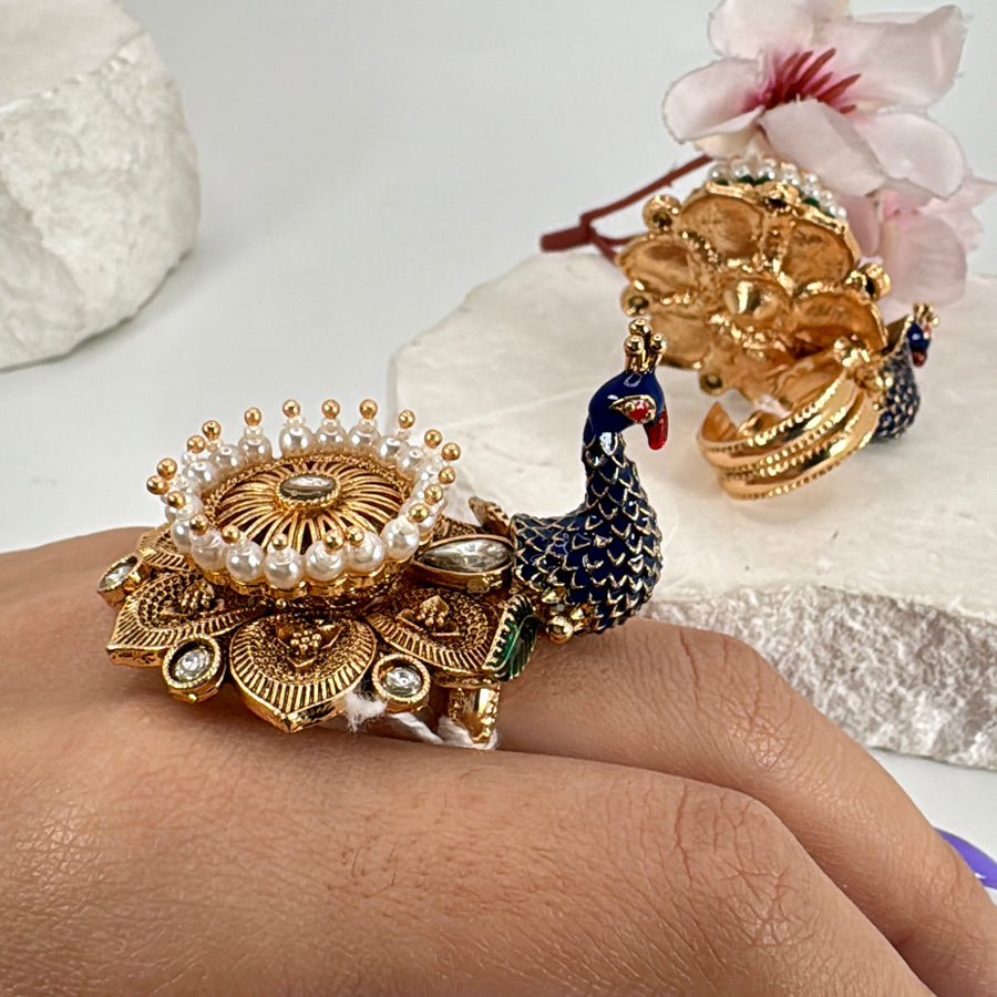 Blue Meenakari Kundan Peacock Adjustable Finger Ring