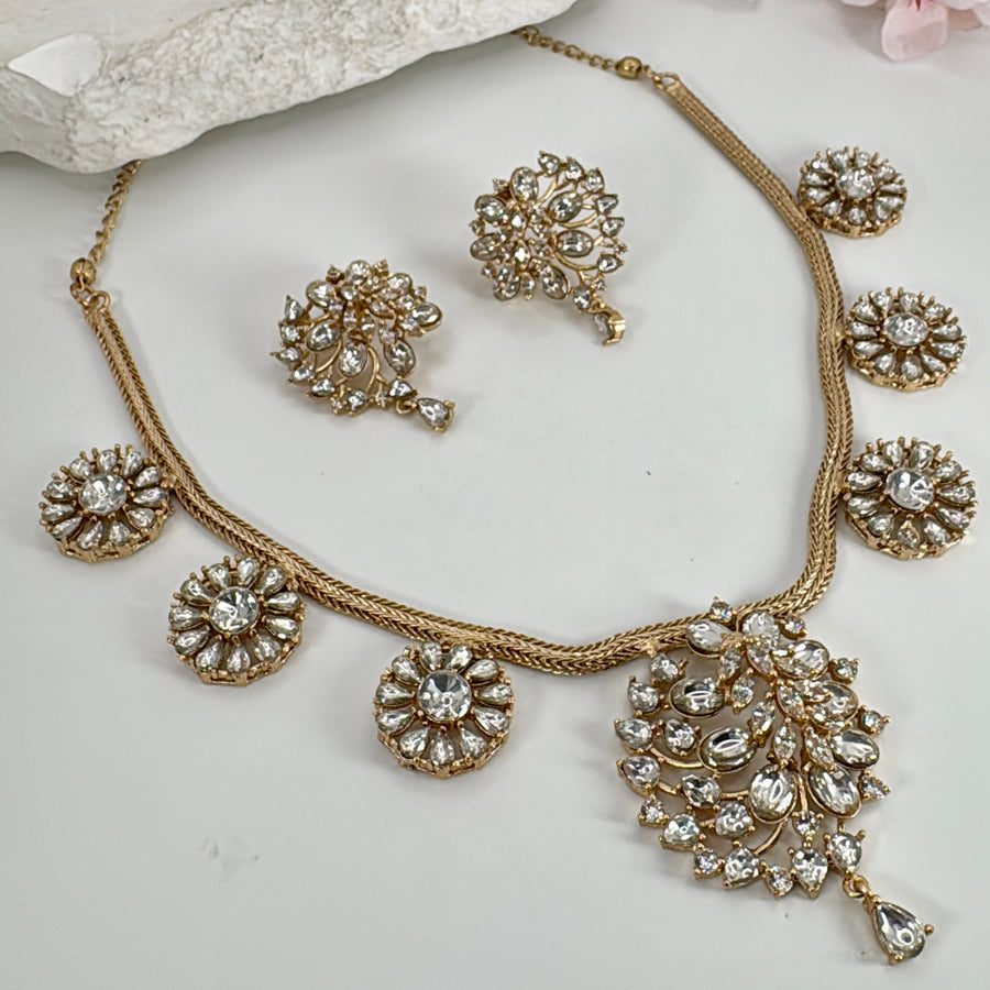 Clear Stone Silver Lookalike Gold Necklace Set