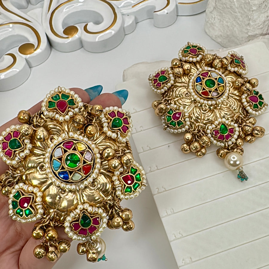 Multi Pearl Round Silver Lookalike Gold Oversized Stud Earrings
