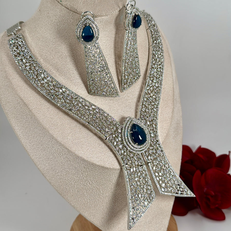 Blue Cubic Zirconia Statement Necklace Set