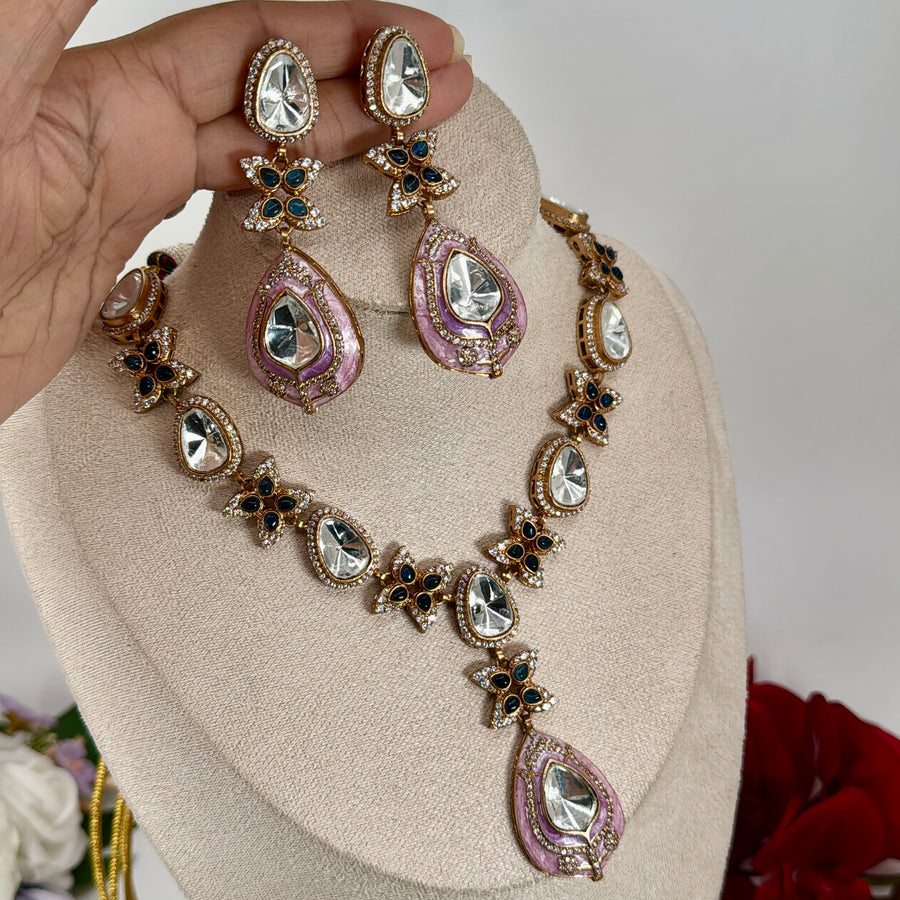 Pink Enamel Meenakari With Blue Kundan Necklace Set