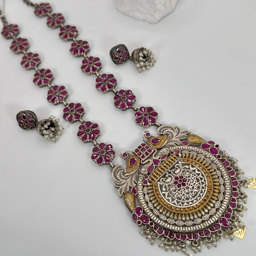 Ruby Dual Tone Silver Lookalike Round Pendant Long Necklace Set