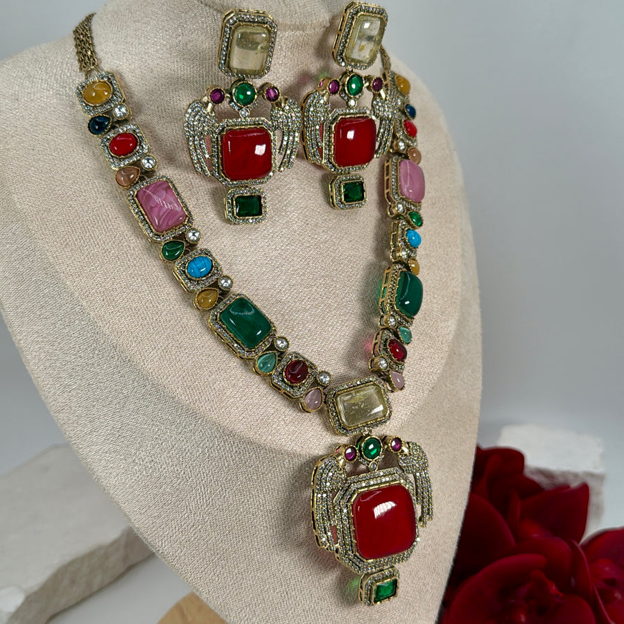 Red Marble Doublet Cubic Zirconia Sabya Inspired Necklace Set