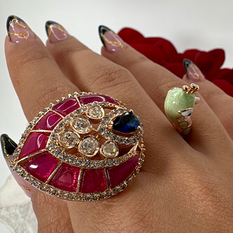 Ruby Jadau Moissanite Peacock Finger Ring
