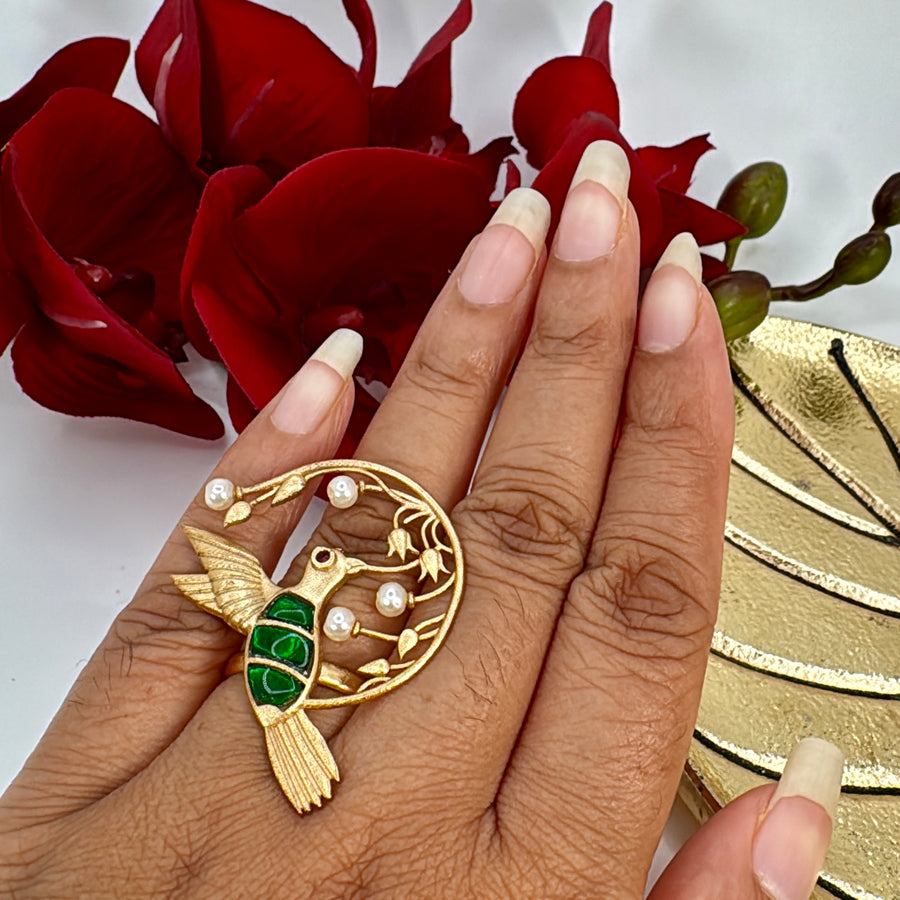 Green Bird Jadau Adjustable Finger Ring