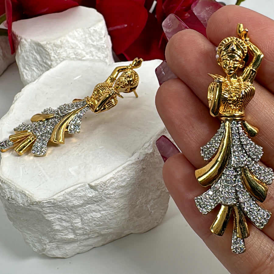Clear Cubic Zirconia Dancing Girl 24 Carat Gold Plated Earrings (Approx. Length 2 inches )