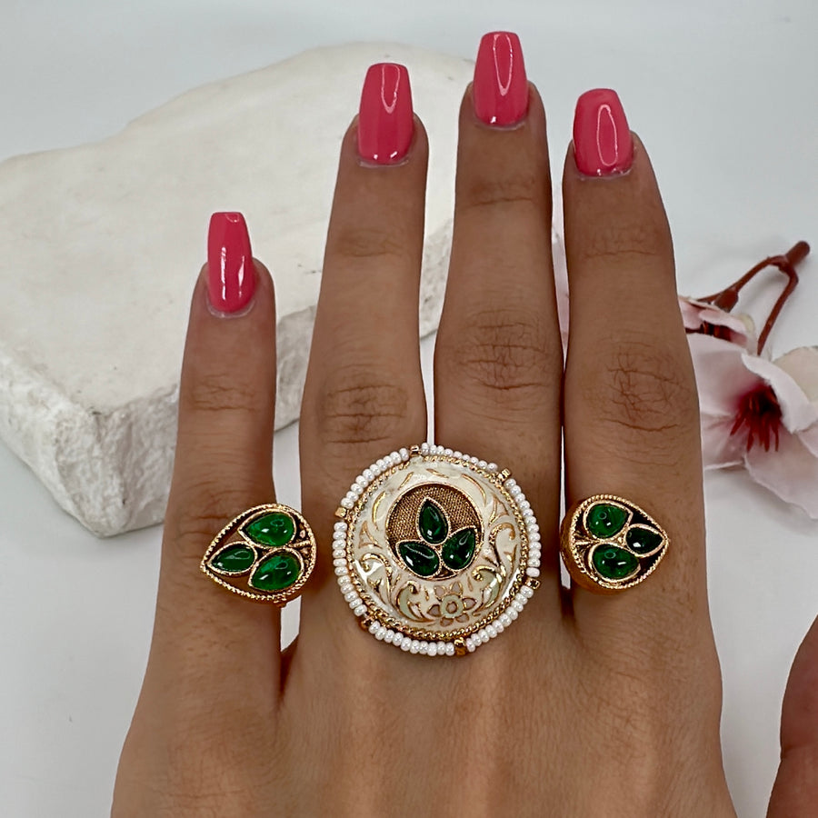 Green Meenakari Two Finger Adjustable Finger Ring