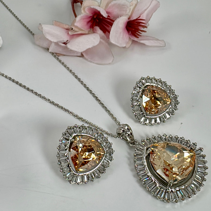 Champagne Swarovski Crystals American Diamonds CZ Pendant Necklace Set
