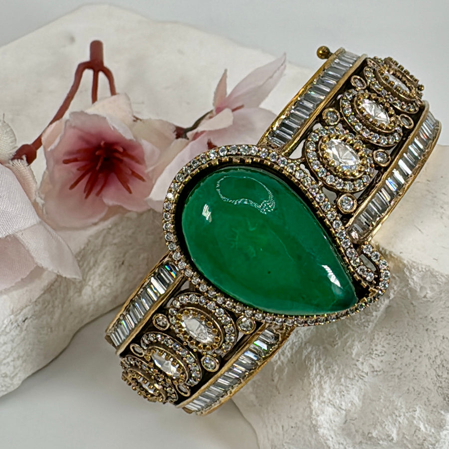 Green Doublet Moissanite & Baguette Diamonds Openable Bangle(Fits Size 2.2-2.6)