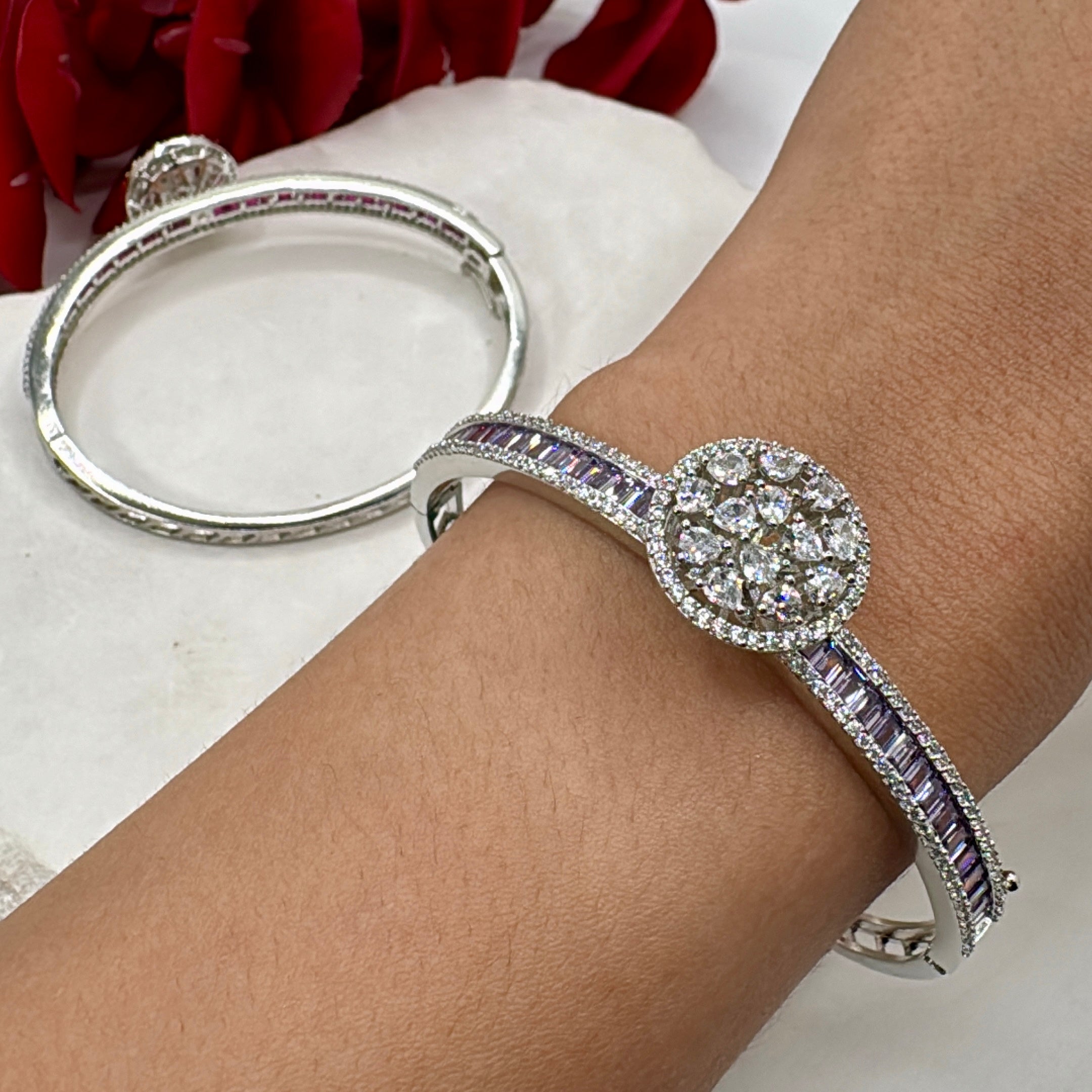Lilac AAA Cut Cubic Zirconia Rhodium Plated Openable Bangle (Fits