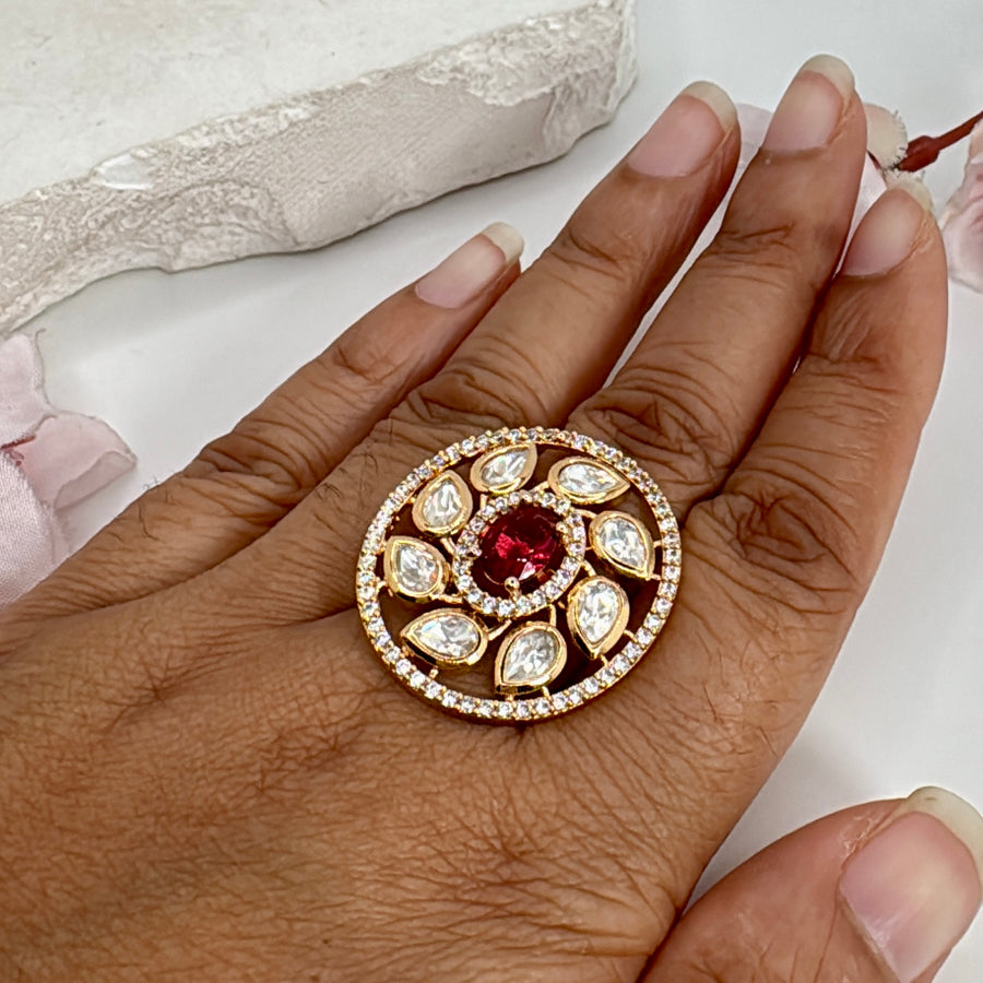 Ruby Tyaani Kundan Adjustable Finger Ring